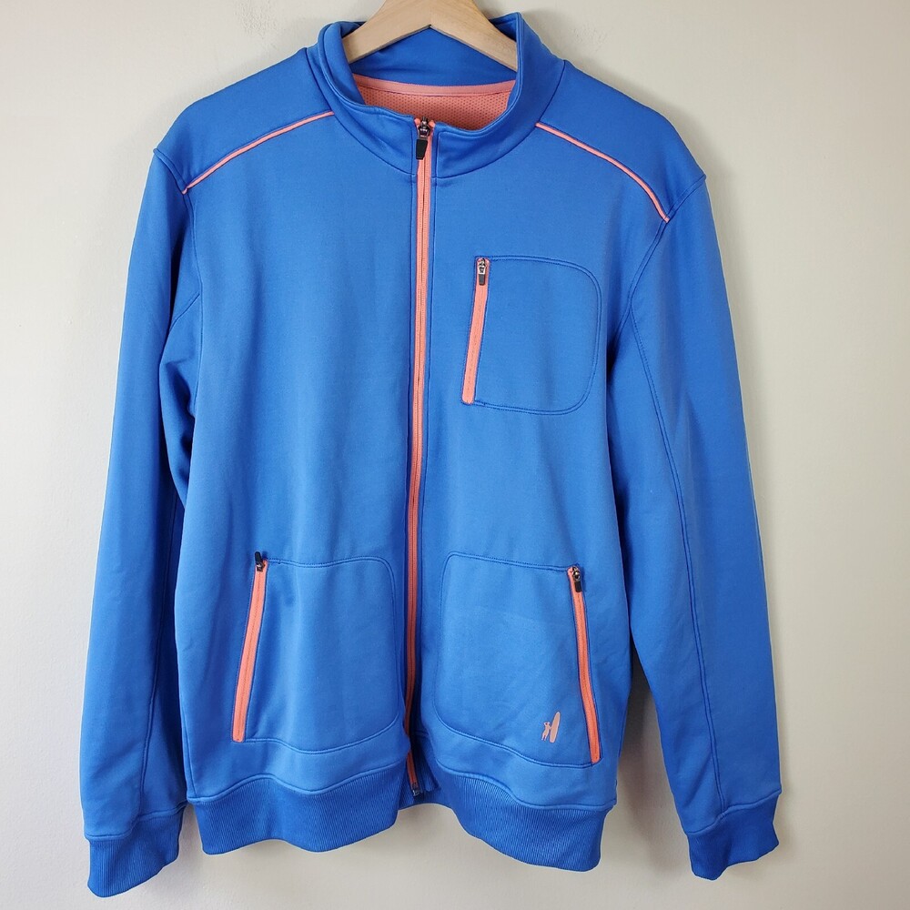 Johnnie O Mens Sweatshirt M Blue Orange Full Zip Up Fleece Lined Pockets